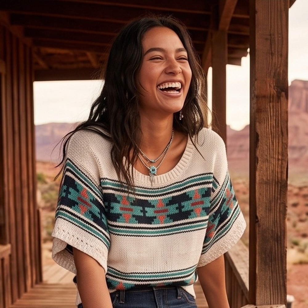 American Eagle Outfitters XS Crop‎ Sweater Southwestern Dolman Sleeve Cream NEW